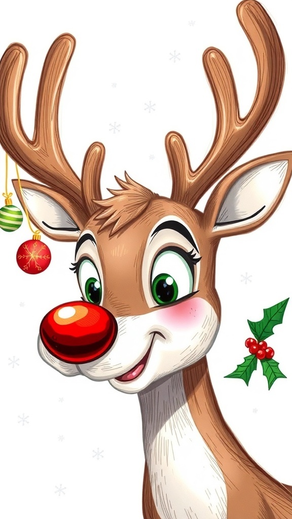 A cheerful drawing of Rudolph the Red-Nosed Reindeer with a red nose and festive antlers against a snowy background.
